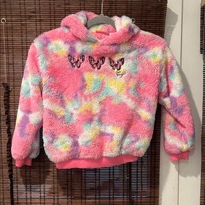 Betsey Johnson Pink Plush Rainbow Hoodie with Butterfly Embroidery
